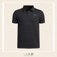 Under Armour youth boys' Tech Team polo featuring a classic black and charcoal grey striped pattern, a crisp three-button placket, and the signature UA logo | Canada