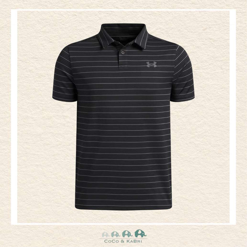 Under Armour youth boys' Tech Team polo featuring a classic black and charcoal grey striped pattern, a crisp three-button placket, and the signature UA logo | Canada