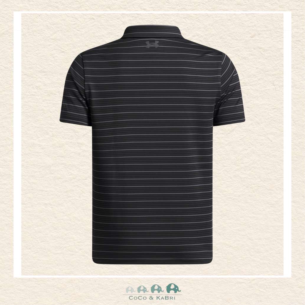 Back view of the black striped Under Armour polo showing the smooth performance drape and lightweight Tech fabric designed for maximum breathability | Canada