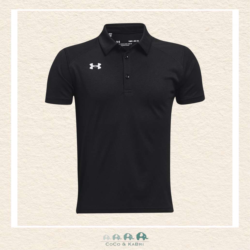 Under Armour youth boys' Tech Team polo in classic black, featuring a crisp three-button placket and the signature white UA chest logo for a professional athletic look | Canada