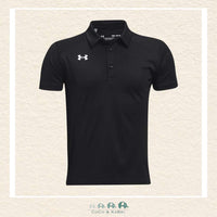 Under Armour youth boys' Tech Team polo in classic black, featuring a crisp three-button placket and the signature white UA chest logo for a professional athletic look | Canada
