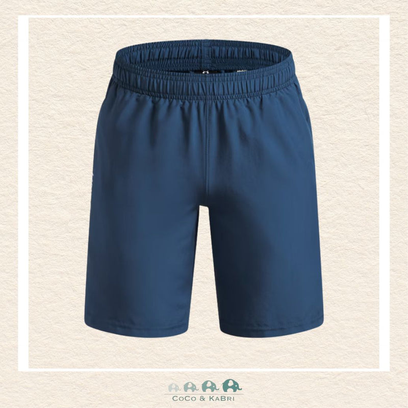 Under Armour youth boys' Tech Woven shorts in electric Wham Blue, featuring a lightweight performance fabric, a secure elastic waistband, and a bold UA wordmark graphic | Canada