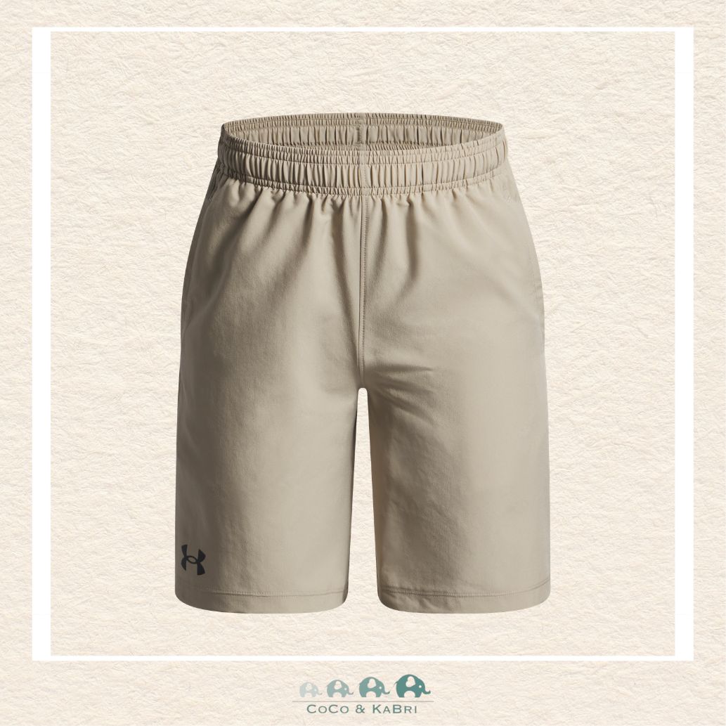 Under Armour youth boys' woven shorts in a versatile earth-tone brown, featuring an encased elastic waistband and the signature UA logo on the hem | Canada