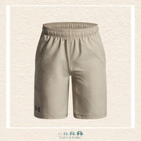 Under Armour youth boys' woven shorts in a versatile earth-tone brown, featuring an encased elastic waistband and the signature UA logo on the hem | Canada