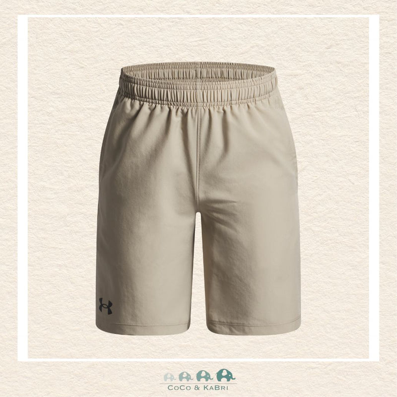 Under Armour youth boys' woven shorts in a versatile earth-tone brown, featuring an encased elastic waistband and the signature UA logo on the hem | Canada