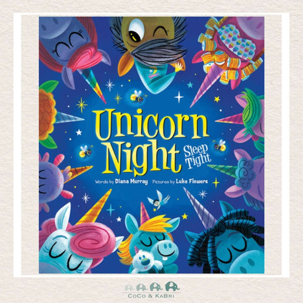 Unicorn Night board book cover featuring a colorful group of unicorns preparing for bedtime under a rainbow night sky
