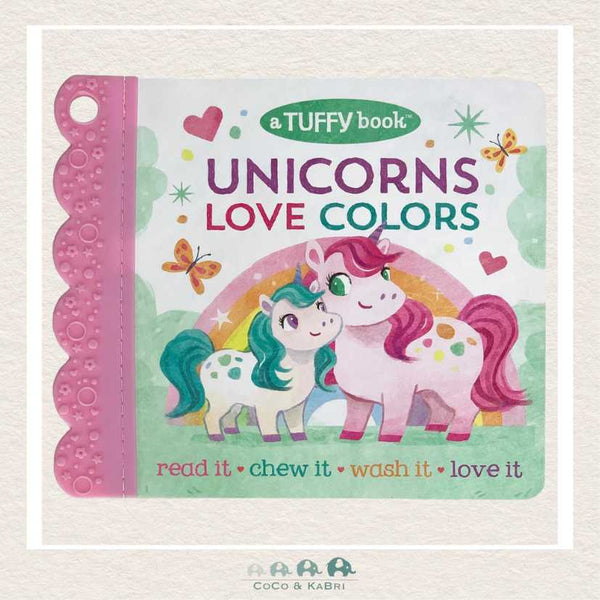 Unicorns Love Colors Tuffy Book cover featuring a whimsical unicorn and a built-in teether for safe sensory play
