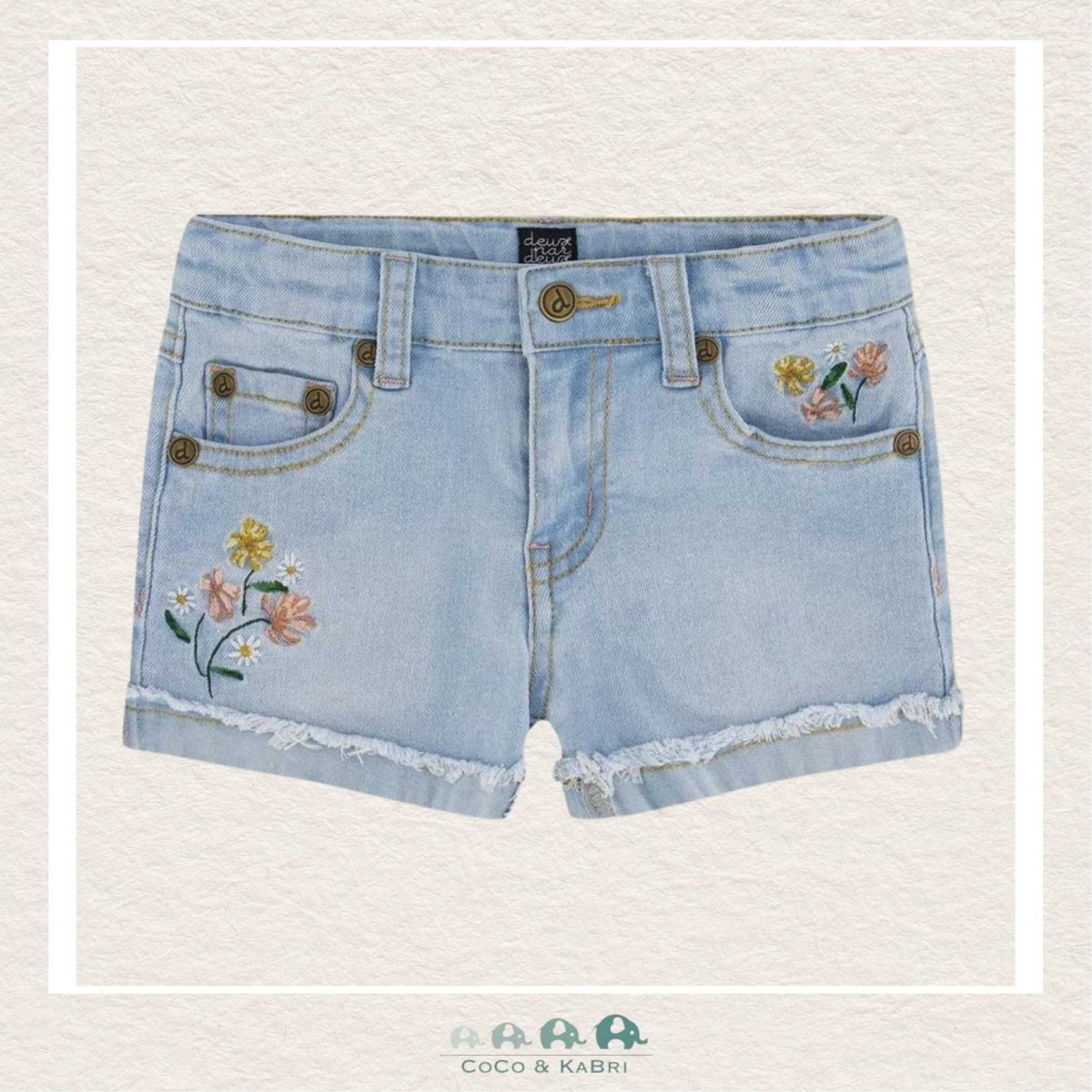 Deux Par Deux: Light Blue Denim Shorts with Embroidery, CoCo & KaBri Children's Boutique
