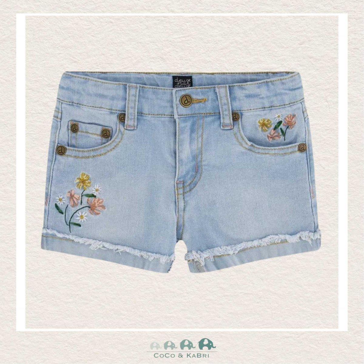 🇨🇦 Deux Par Deux: Light Blue Denim Shorts with Embroidery, CoCo & KaBri Children's Boutique