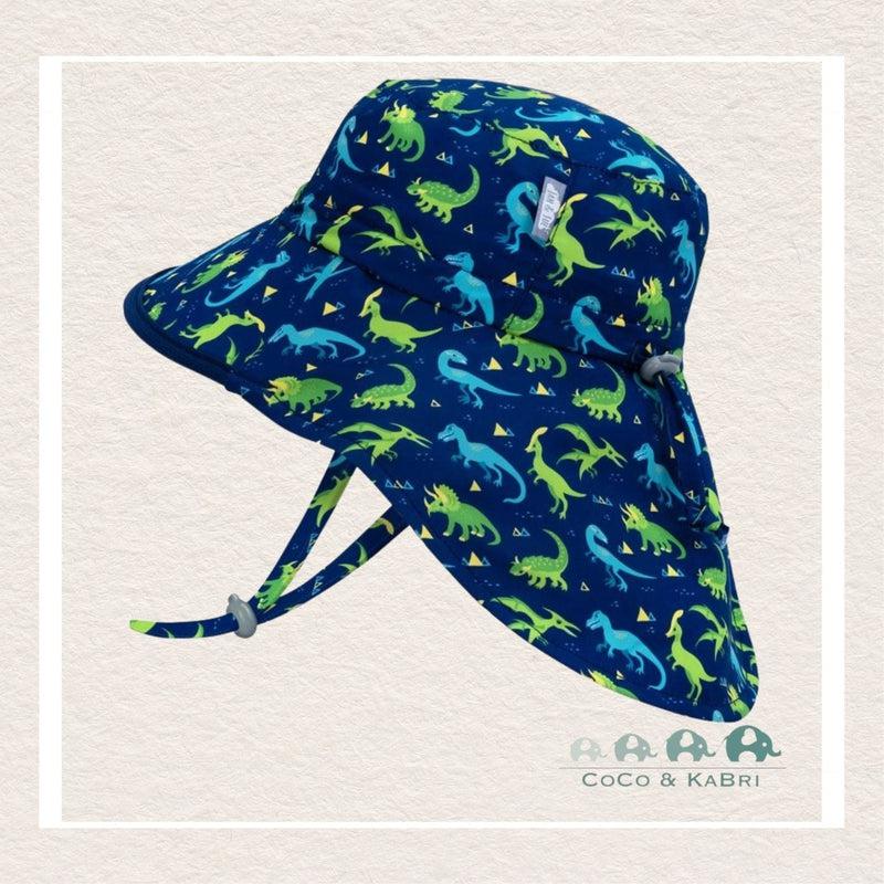 Jan & Jul Aqua-Dry Adventure Hat in Dinoland print featuring colorful dinosaurs on a blue background with a protective neck flap and wide brim