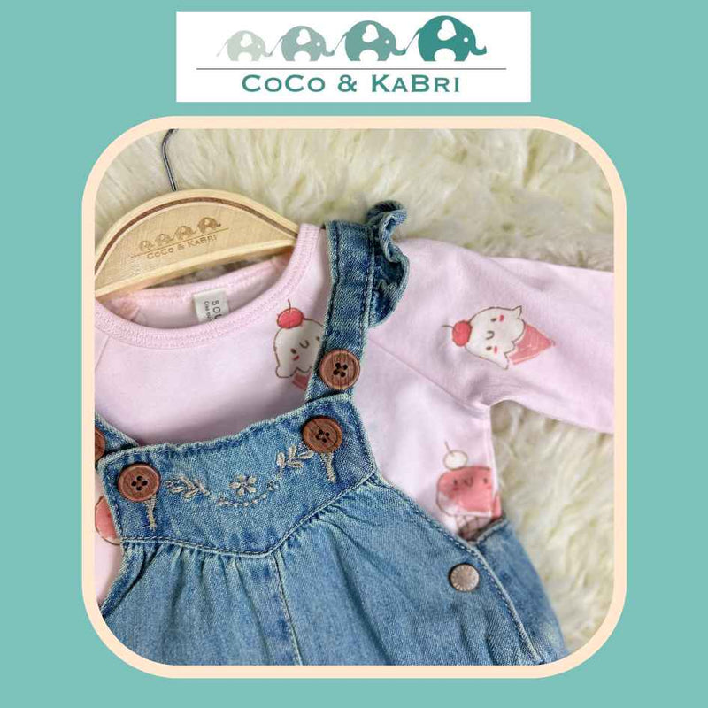 Sourismini: Baby Girl Light Pink Organic Cotton Ice Cream Bodysuit with Denim overalls